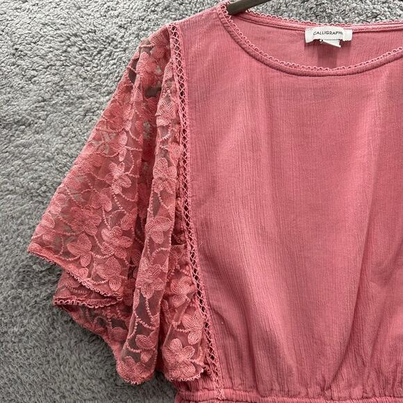 Calligraphy Medium Pink‎ Top Lace Sleeves Romantic Boho - Picture 8 of 8